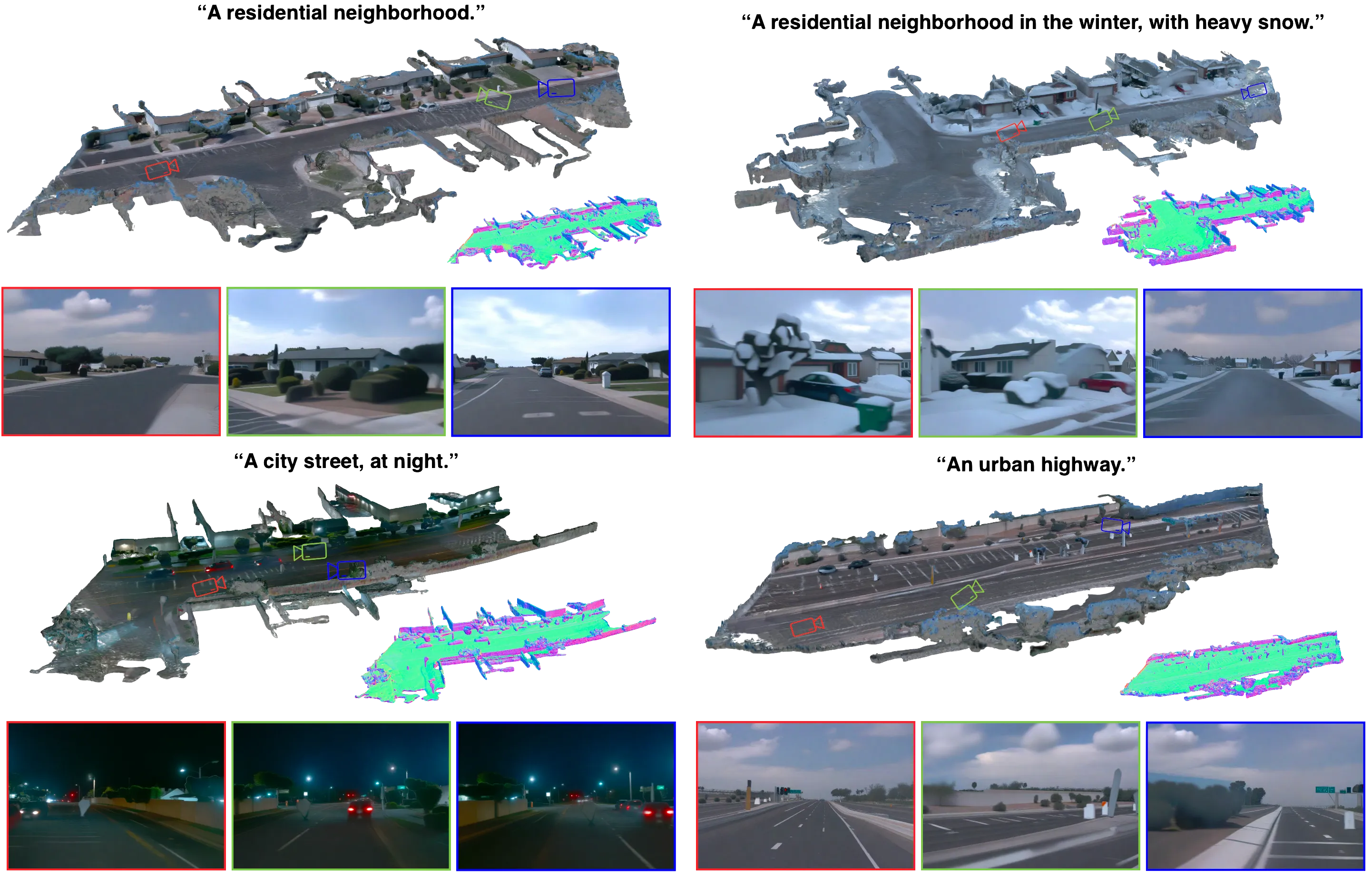 Generated scenes from ground and from far away.